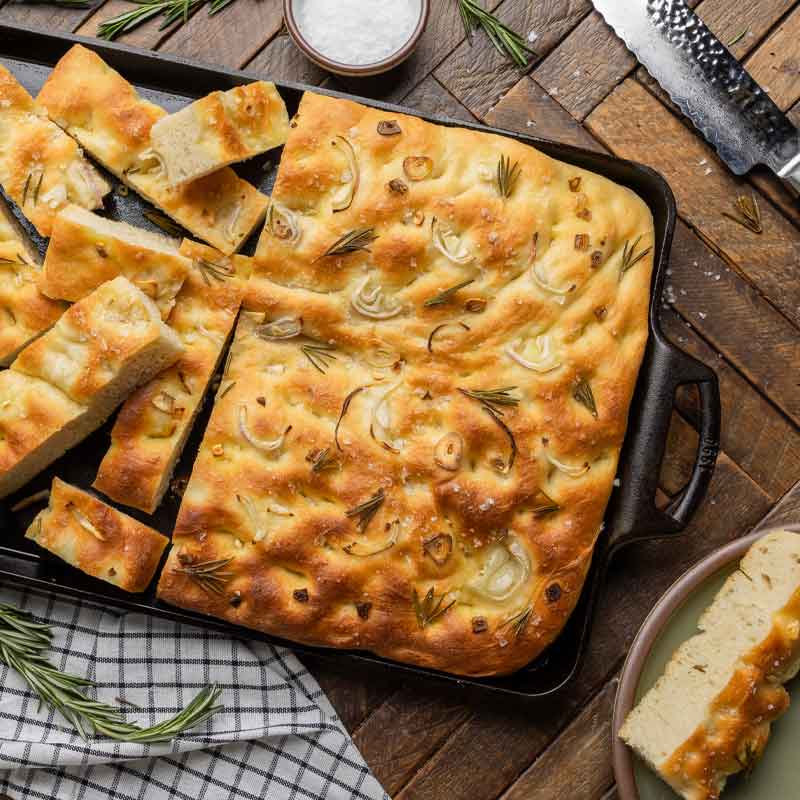 Freshly baked focaccia, prepared and served from pan.