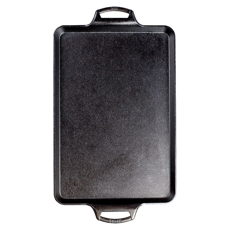 Top view of pan featuring cooking area and curved handles on short ends of pan.