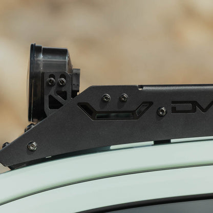 Side view of Baja Designs Linkable Lightbar Mount for DV8 Roof Rack Light Option installed with DV8 Toyota 4runner roof rack