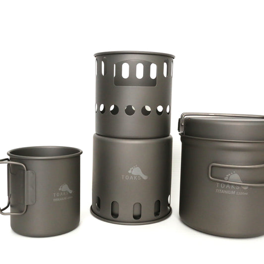 Includes full-size wood stove, large pot/pan set, and 450 mL cup