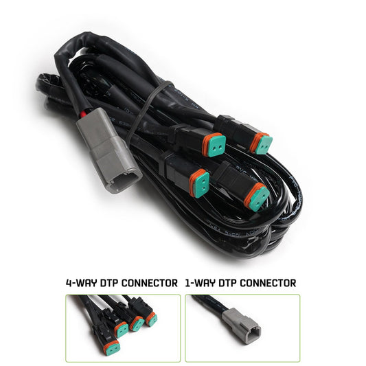 A black 4-way DT plug harness with multiple connectors.