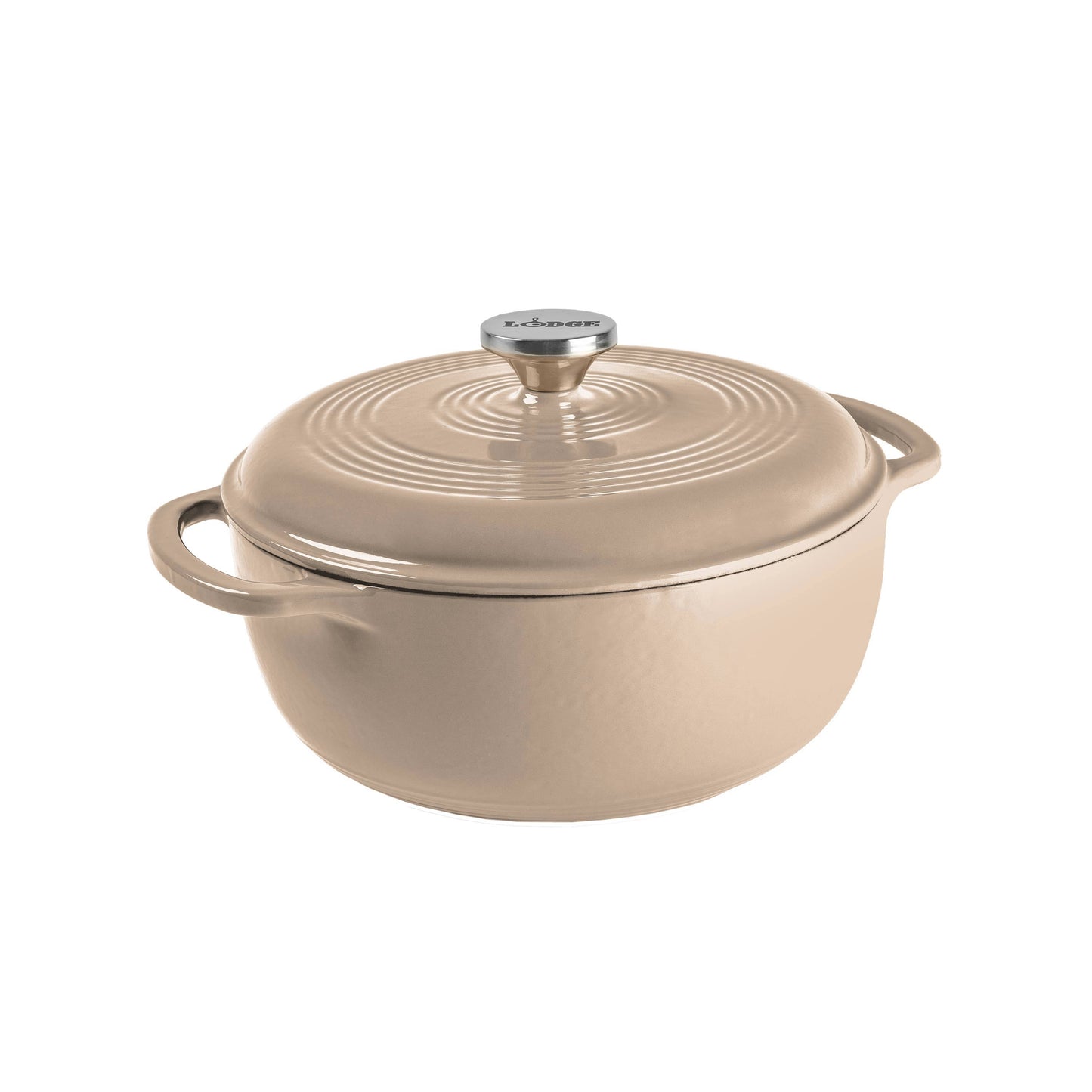 Sandalwood enameled cast iron Dutch oven with lid on a white background