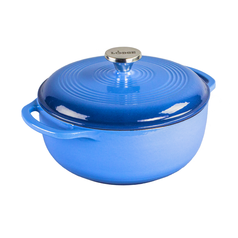 Blue gradient enameled cast iron Dutch oven with lid, both pieces have light blue on top and darken towards the bottom.
