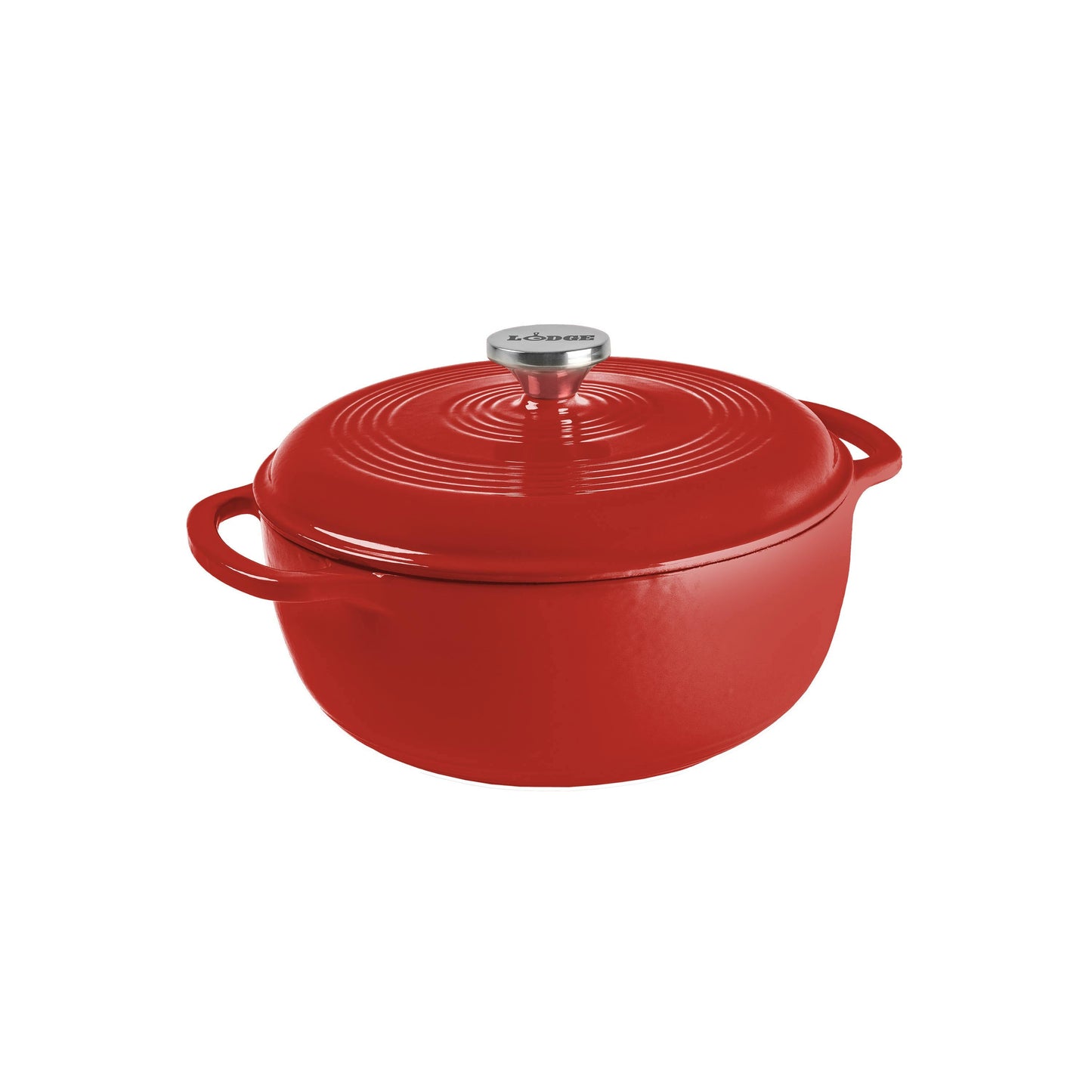 Solid red enameled cast iron Dutch oven with lid on a white background