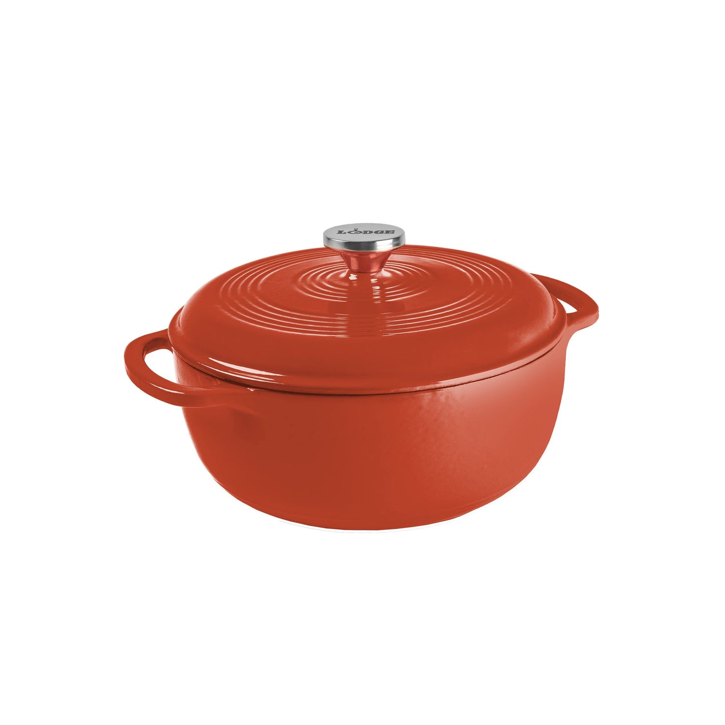 Poppy enameled cast iron Dutch oven with lid on a white background