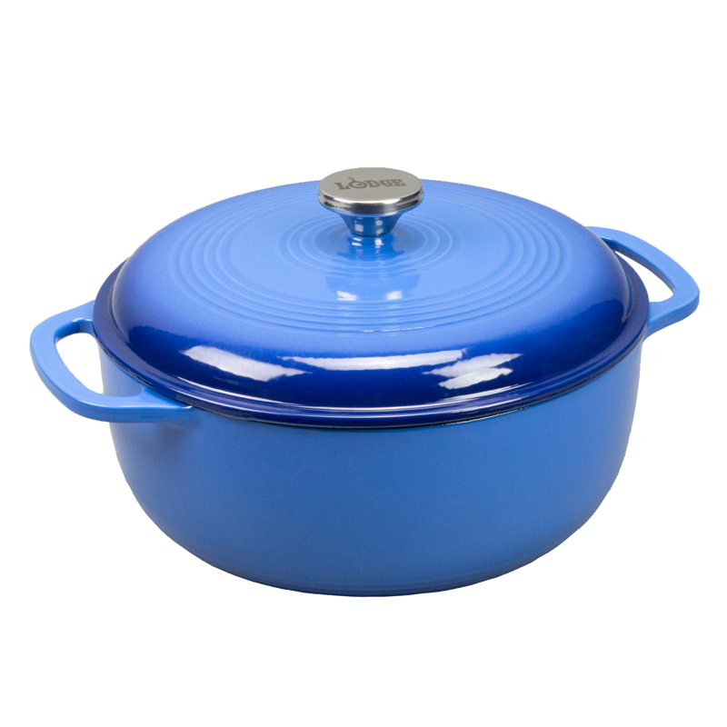 Blue gradient enameled cast iron Dutch oven with lid, both pieces have light blue on top and darken towards the bottom.