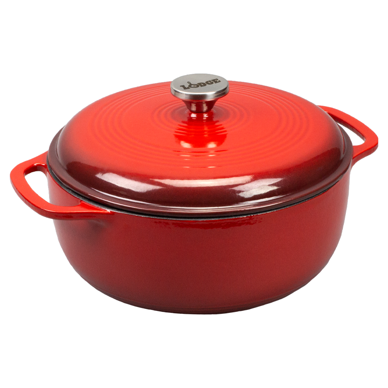 Red gradient enameled cast iron Dutch oven with lid, both pieces have light red on top and darken towards the bottom.