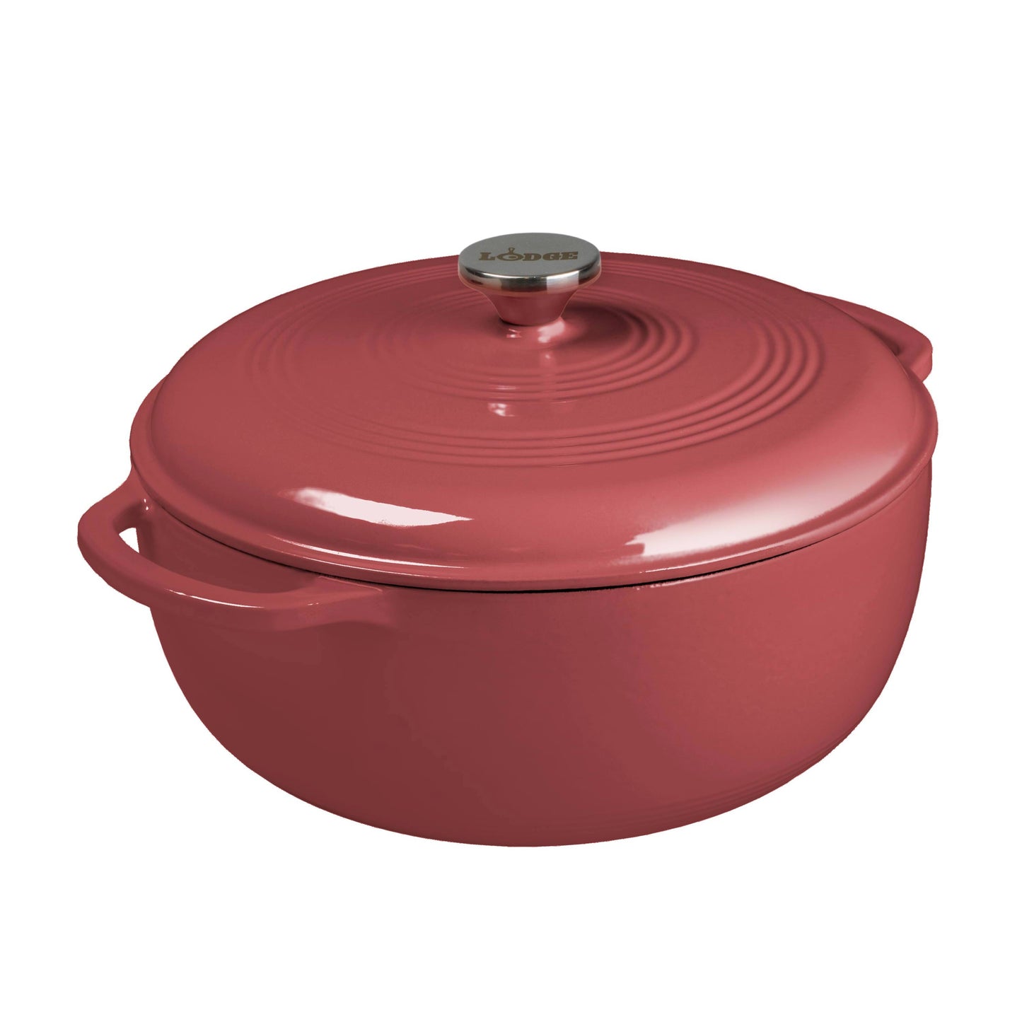 Berry enameled cast iron Dutch oven with lid on a white background