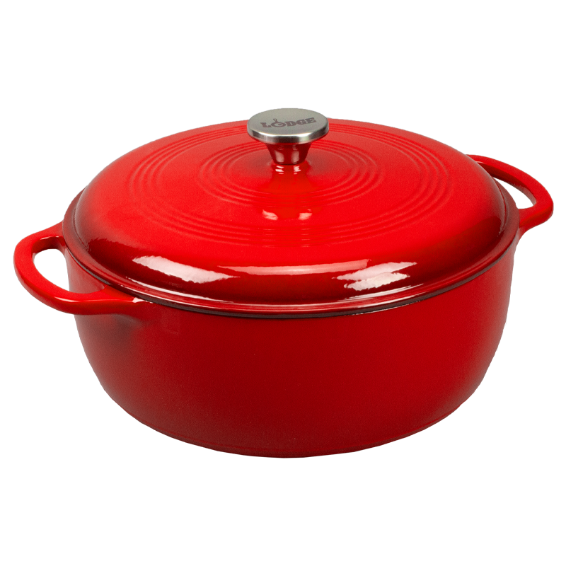 Red gradient enameled cast iron Dutch oven with lid, both pieces have light red on top and darken towards the bottom.