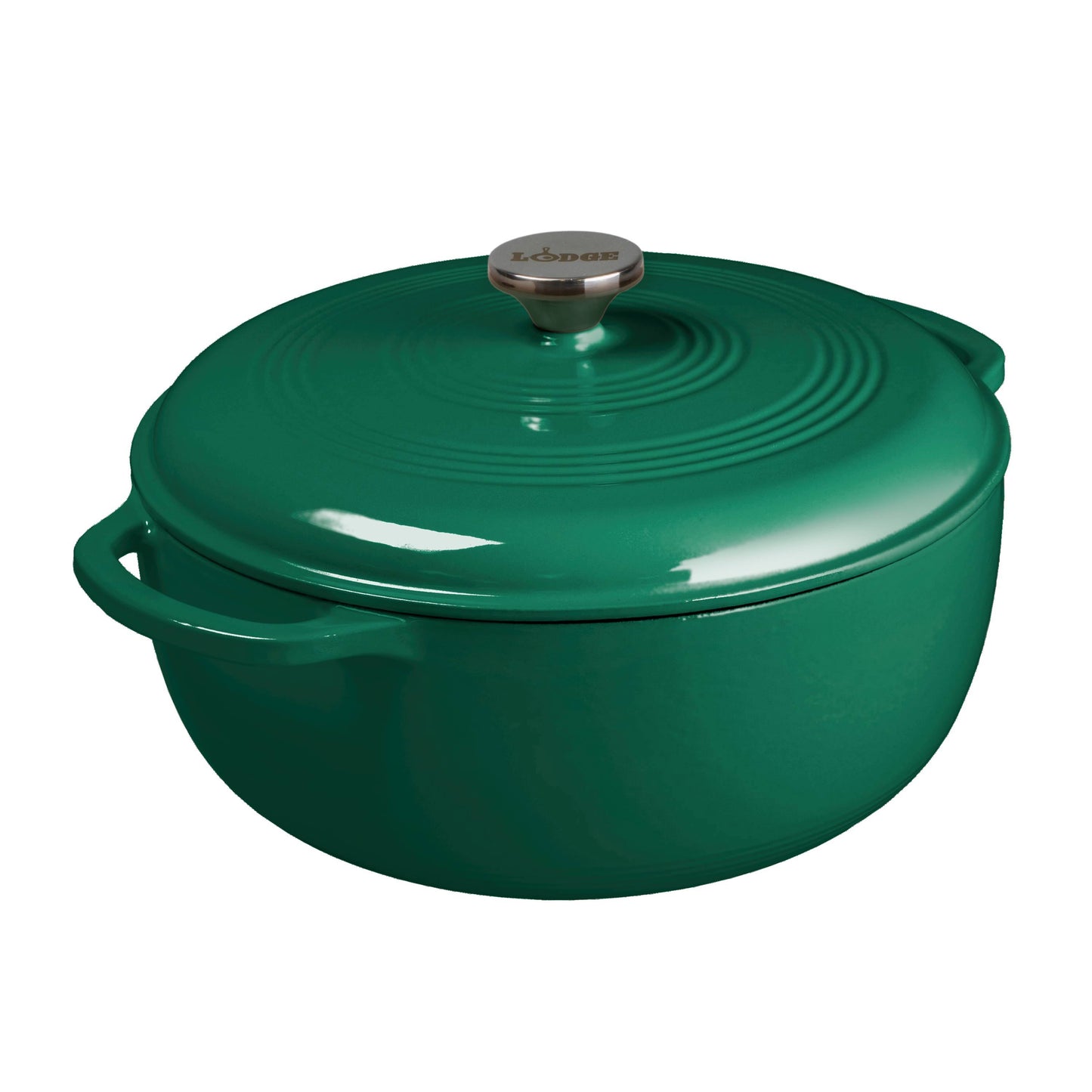 Evergreen enameled cast iron Dutch oven with lid on a white background