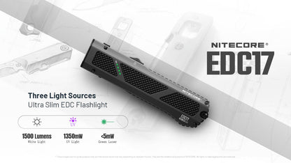 Nitecore EDC17 1500 Lumen Rechargeable EDC Flat Flashlight with White LED, UV, and Green Laser