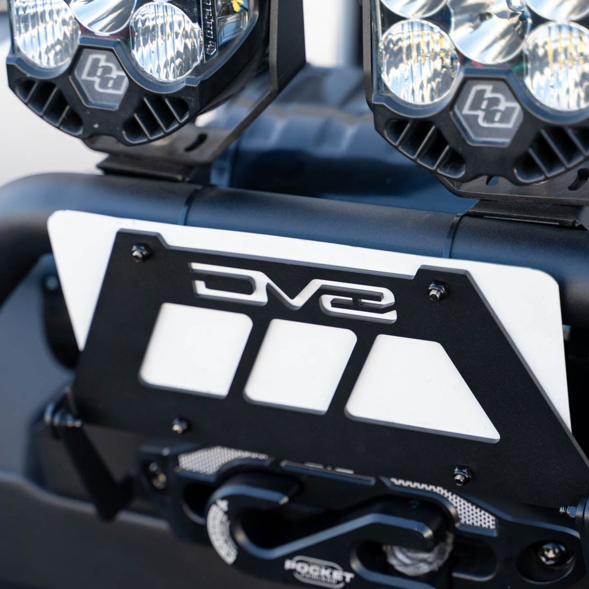 Fairlead Mounted Flip-Up License Plate Bracket, flipped up to reveal farilead