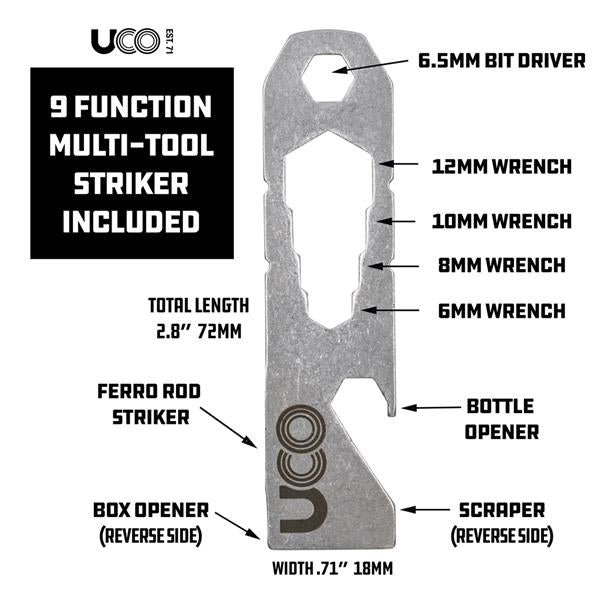 Ferro rod fire starter with multi-tool striker and paracord lanyard