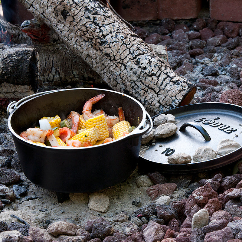 Shrimp and corn prepared in dutch oven.