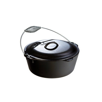 Black cast iron Dutch oven with lid and a silver handle.