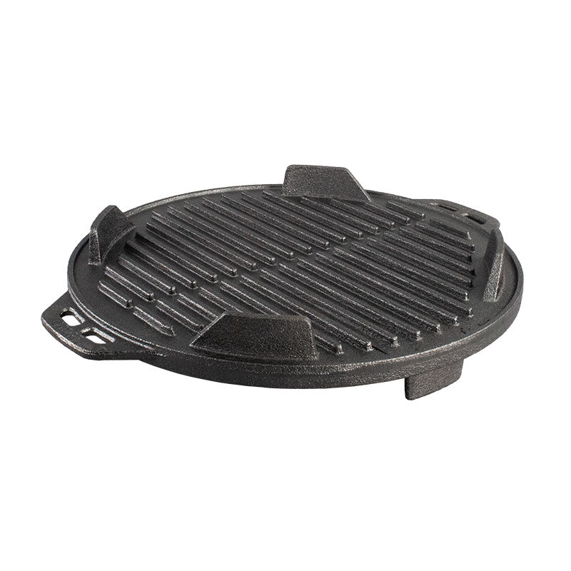 Bottom piece of grill, which has legs and edges to hold coals.