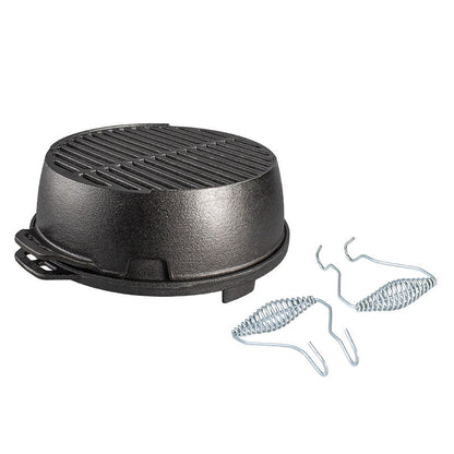 Circular, cast iron grill with hook and carry handles.