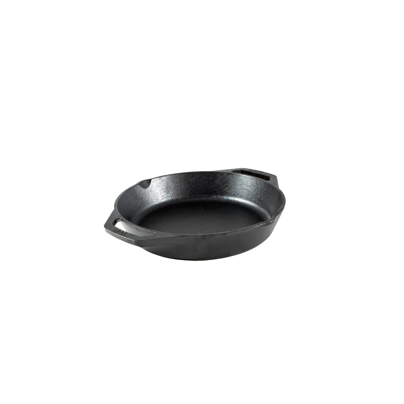 Black cast iron skillet with two loop handles and two pour spots.