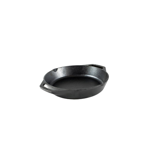 Black cast iron skillet with two loop handles and two pour spots.