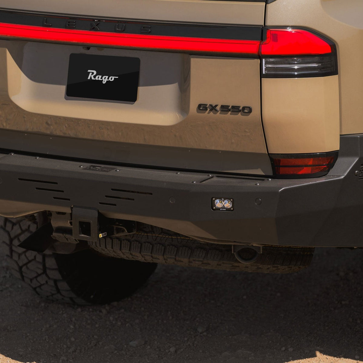 S2 light mounted in the full-width, steel, off-road rear bumper for the Lexus GX 550.