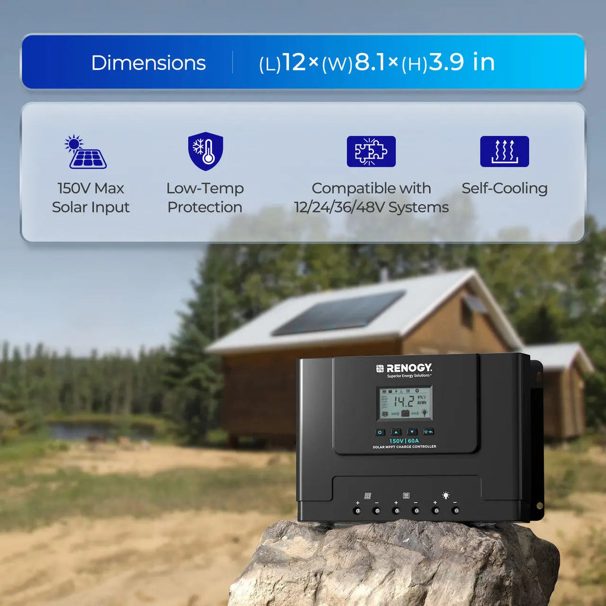 Rover Lite 12V/ 24V/ 36V/ 48V 60A MPPT Solar Charge Controller Renogy_Dimensions (L)12×(W)8.1×(H)3.9 in