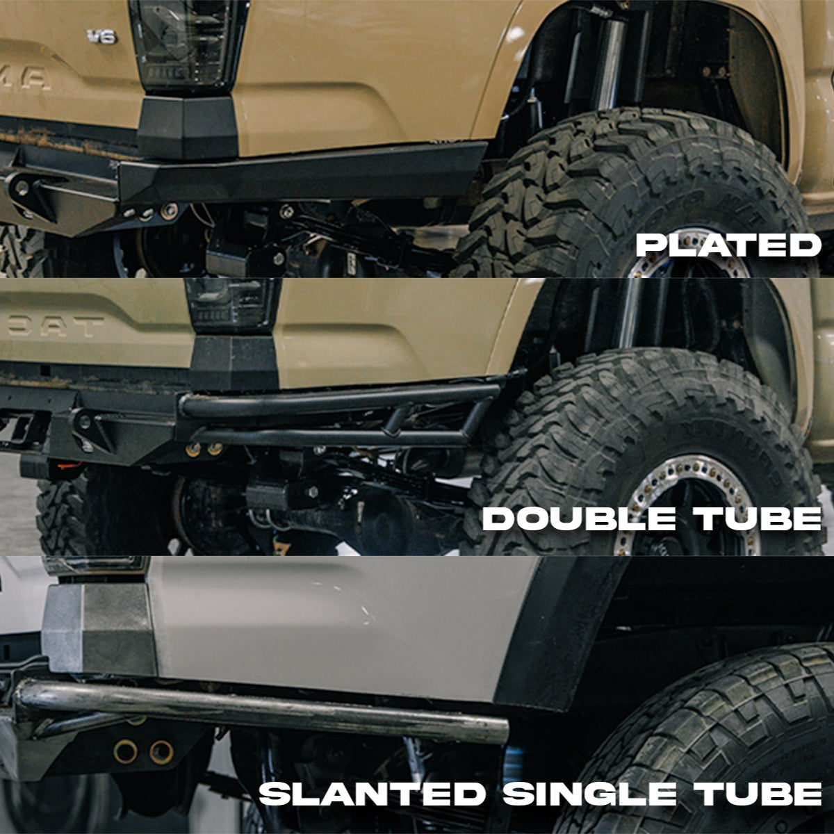 Compilation of three photos into one showing the optional plated, double tube and slanted single tube side wings available on the C4 Rock Runner High Clearance Rear Bumper.