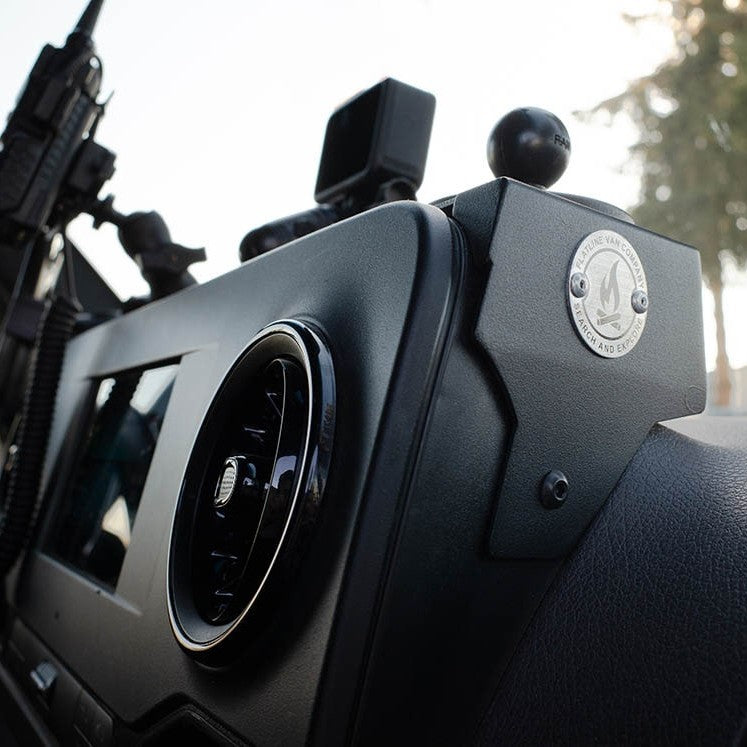Side view of RAM and AMPS compatible Sprinter Van Dash Mount installed in Sprinter adventure van