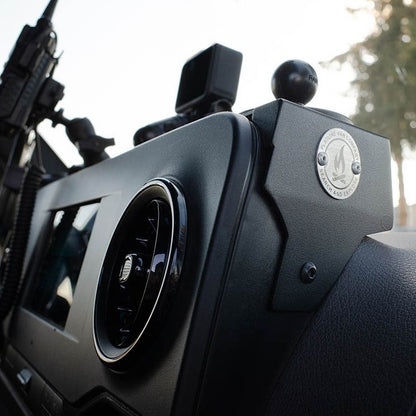 Side view of RAM and AMPS compatible Sprinter Van Dash Mount installed in Sprinter adventure van