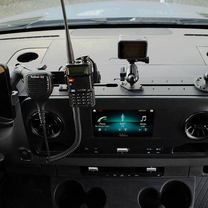 Sprinter Van Dash Mount with phone holder, radios, GoPro, and RAM ball mount