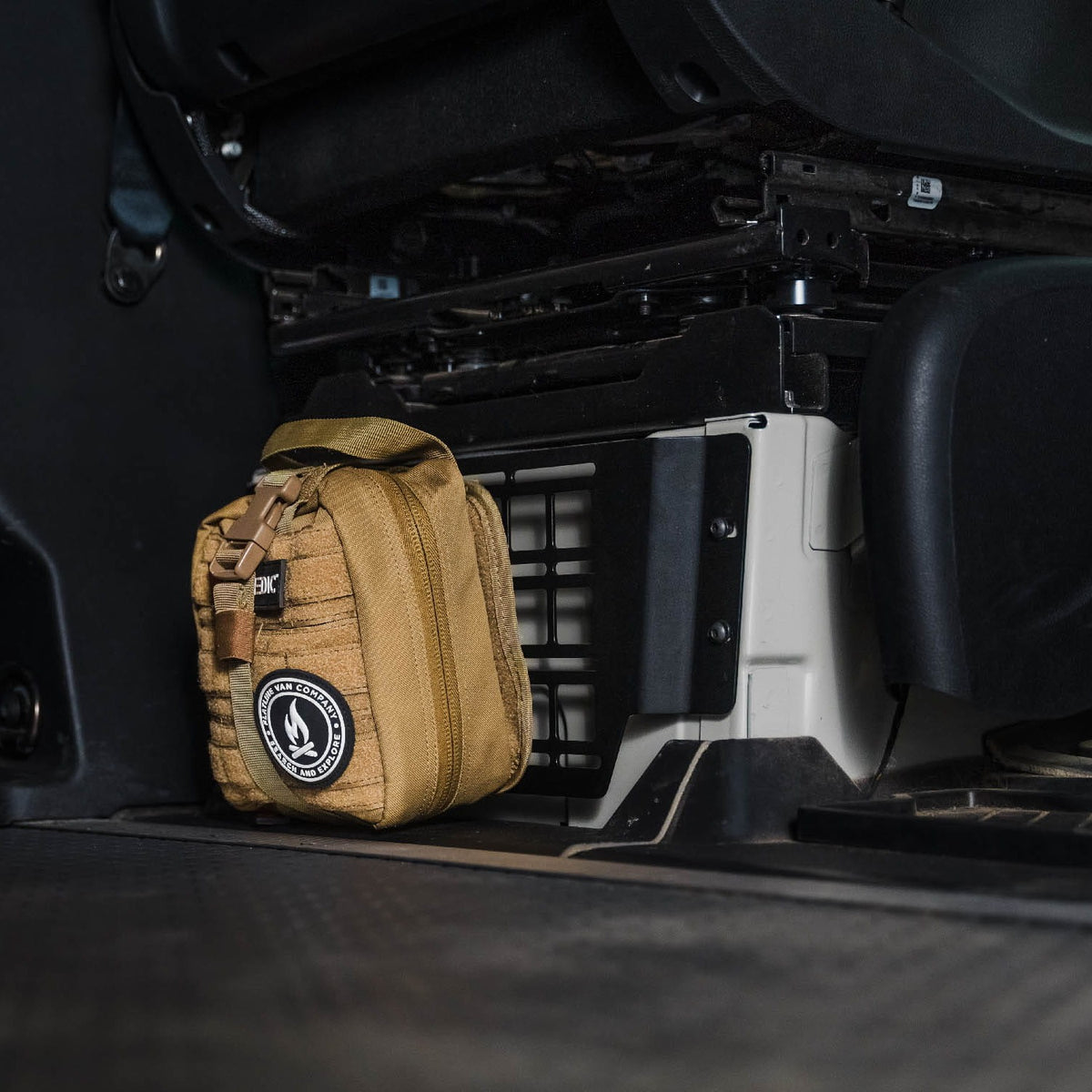 Sprinter Seat Base Molle Panel with First-Aid Molle Pouch attached