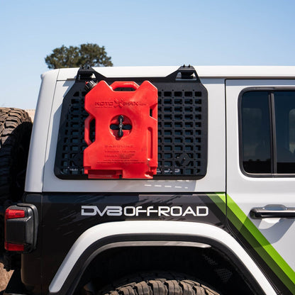 Jeep parked in field with molle panel and Universal Molle Panel Rotopax Mount to mount Rotopax fuel jug