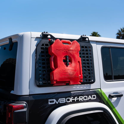 Jeep prepared to travel with Rotopax fuel jug mounted to molle panel with DV8 Universal Molle Panel Rotopax Mount