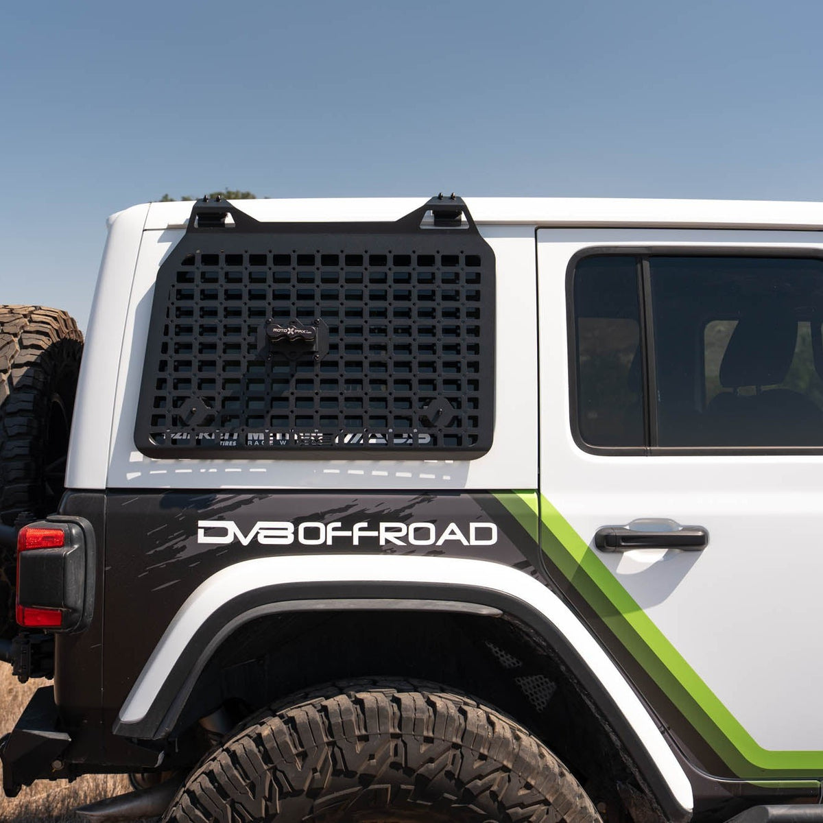 Molle panel installed on DV Offroad Jeep with the Universal Molle Panel Rotopax Mount