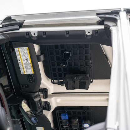 Jeep Wrangler JL Roof Mounts with 15” x 12” Molle Panel installed on driver side