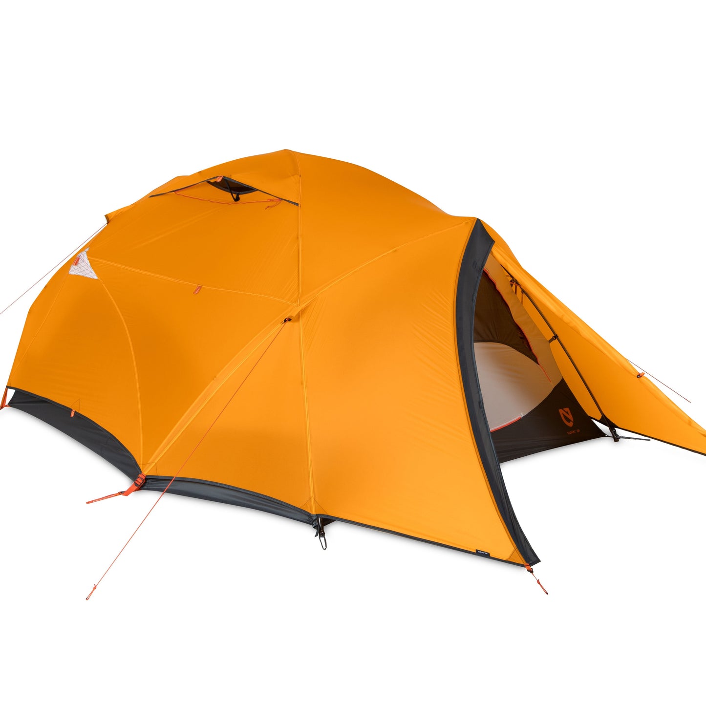 The bright orange Kunai™ 3–4 Season Backpacking Tent by NEMO Equipment is shown set up with a rainfly and guy lines on a white background, its partially open door revealing spacious, all-season camping comfort.