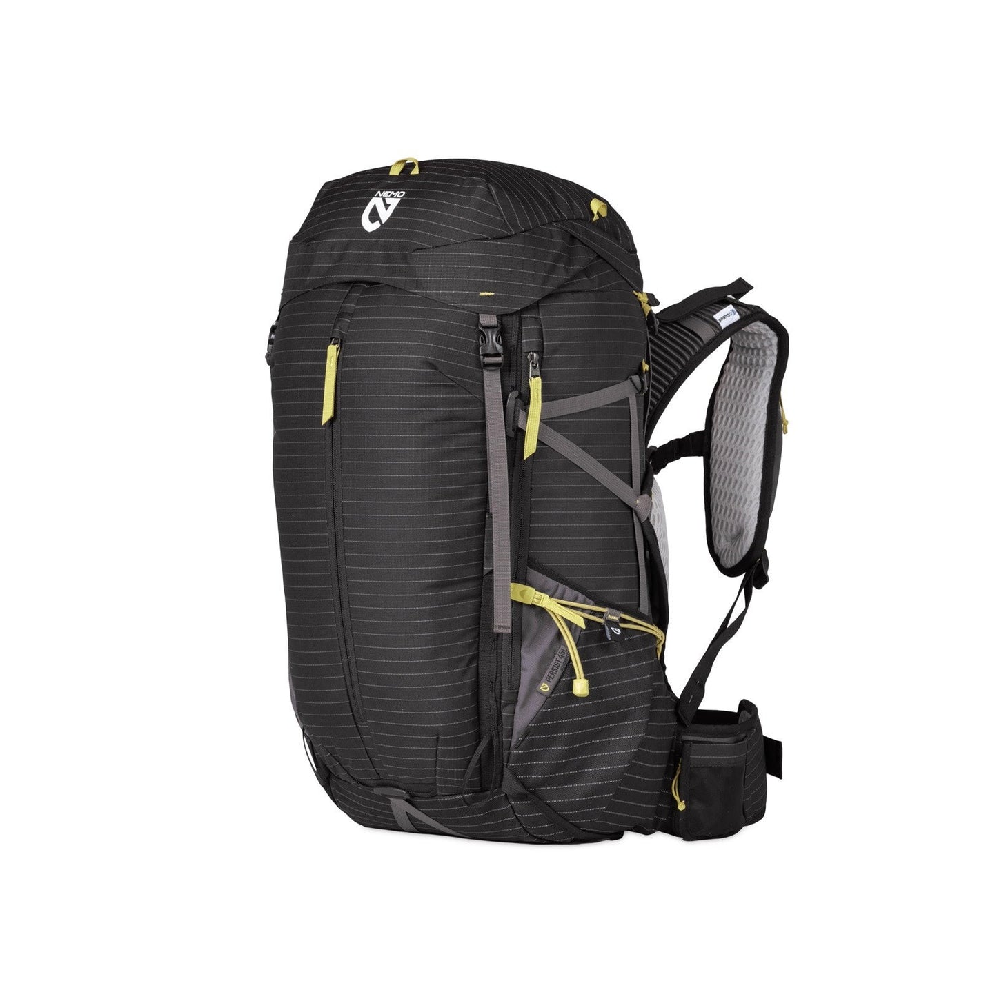 The NEMO Equipment Persist™ Women's 45L Endless Promise® All-Adventure Backpack, featuring yellow accents and multiple compartments, is crafted from sustainable materials and displayed against a white background.