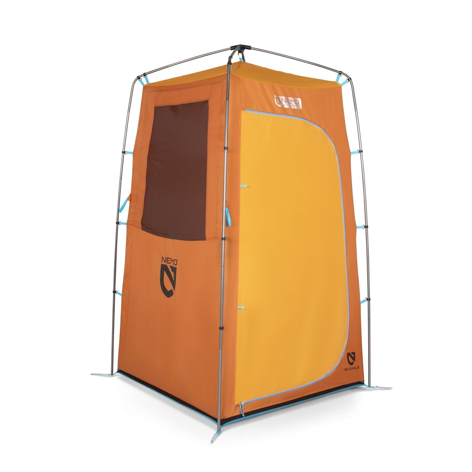 The NEMO Equipment Heliopolis™ Privacy Shelter & Shower Tent, shown in orange and yellow with a window and zippered door, features a metal frame. Perfect for use as a portable shower tent while camping or enjoying the outdoors.