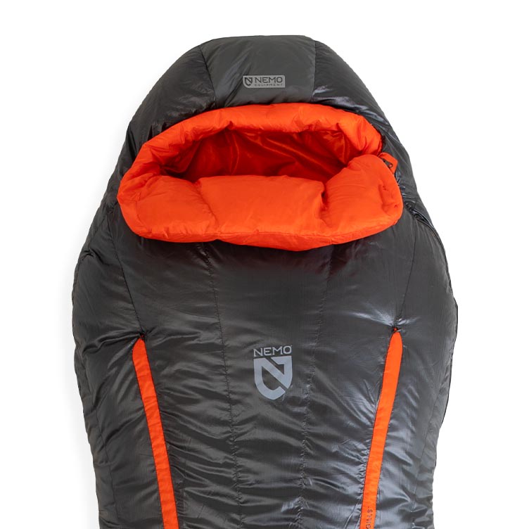 A black and orange NEMO Equipment Riff™ Men's Endless Promise® Down Sleeping Bag with an insulated hood is shown laid out flat, displaying the brand logo.