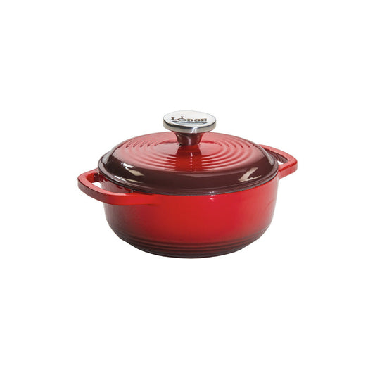 Red gradient enameled cast iron Dutch oven with lid, both pieces have light red on top and darken towards the bottom.
