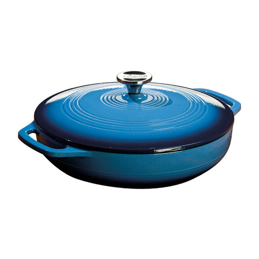 Enameled braised with blue gradient. Top of lid and cooking surface starts with light blue and darkens towards the bottom.