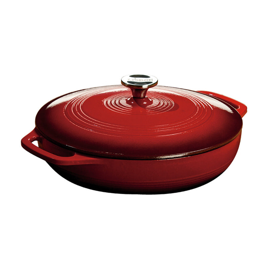 Enameled braised with red gradient. Top of lid and cooking surface starts with light red and darkens towards the bottom.