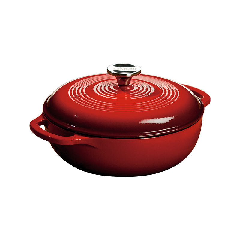 Red gradient enameled cast iron Dutch oven with lid, both pieces have light red on top and darken towards the bottom.