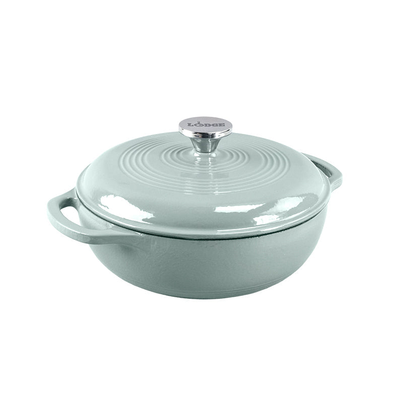 Desert Sage enameled cast iron Dutch oven with lid on a white background
