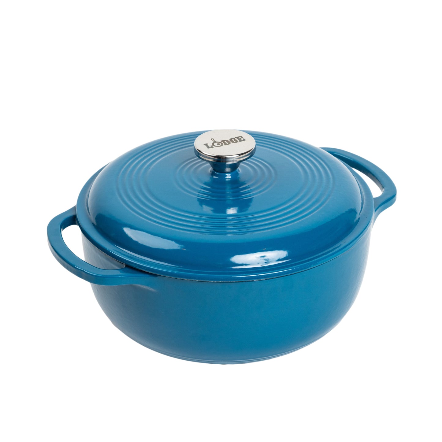 Cornflower blue enameled cast iron Dutch oven with lid on a white background