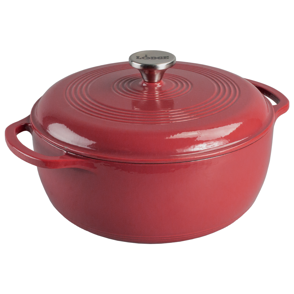 Berry enameled cast iron Dutch oven with lid on a white background