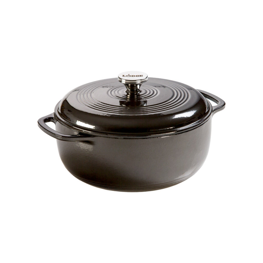 Black midnight chrome enameled cast iron Dutch oven with lid on a white background
