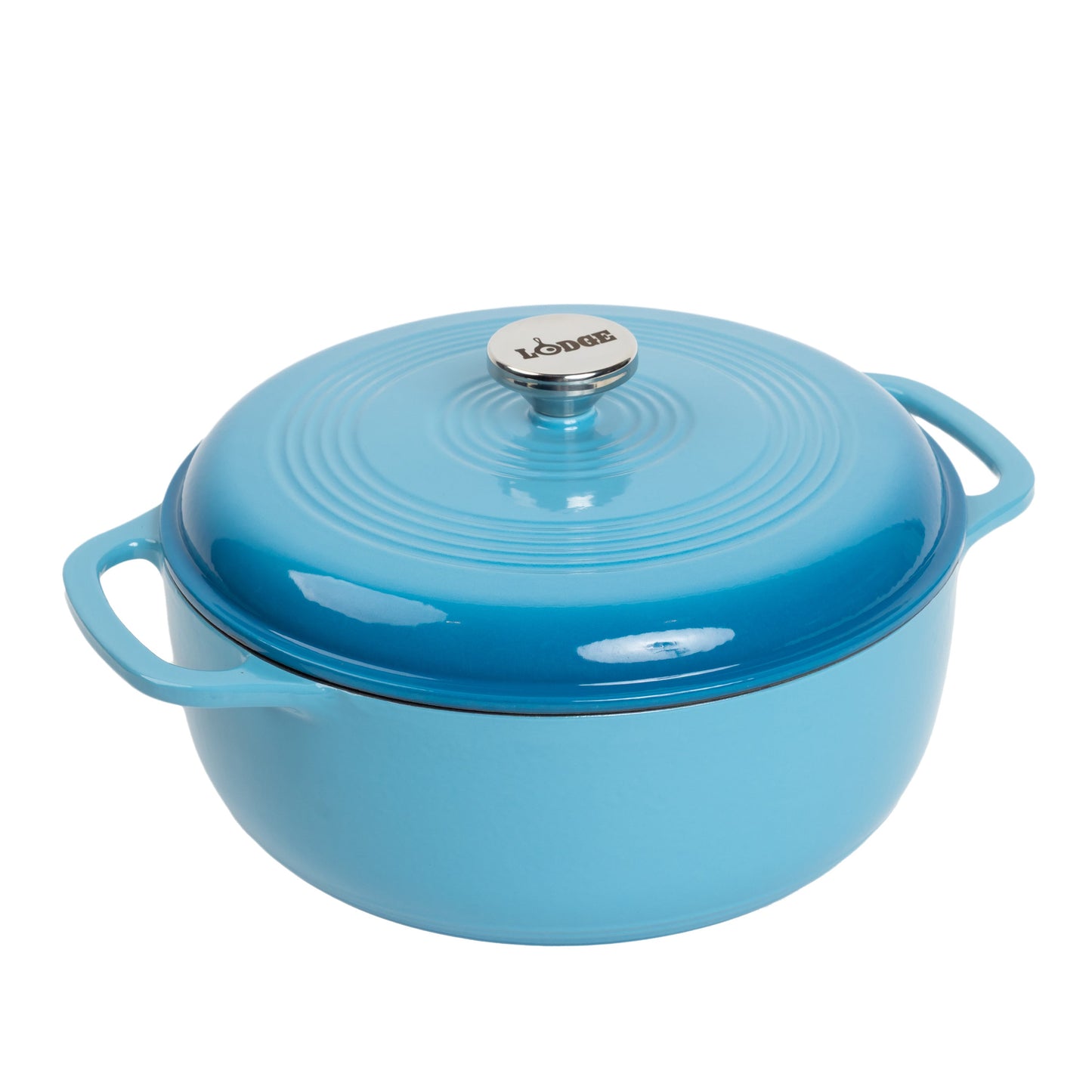 Cornflower blue enameled cast iron Dutch oven with lid on a white background