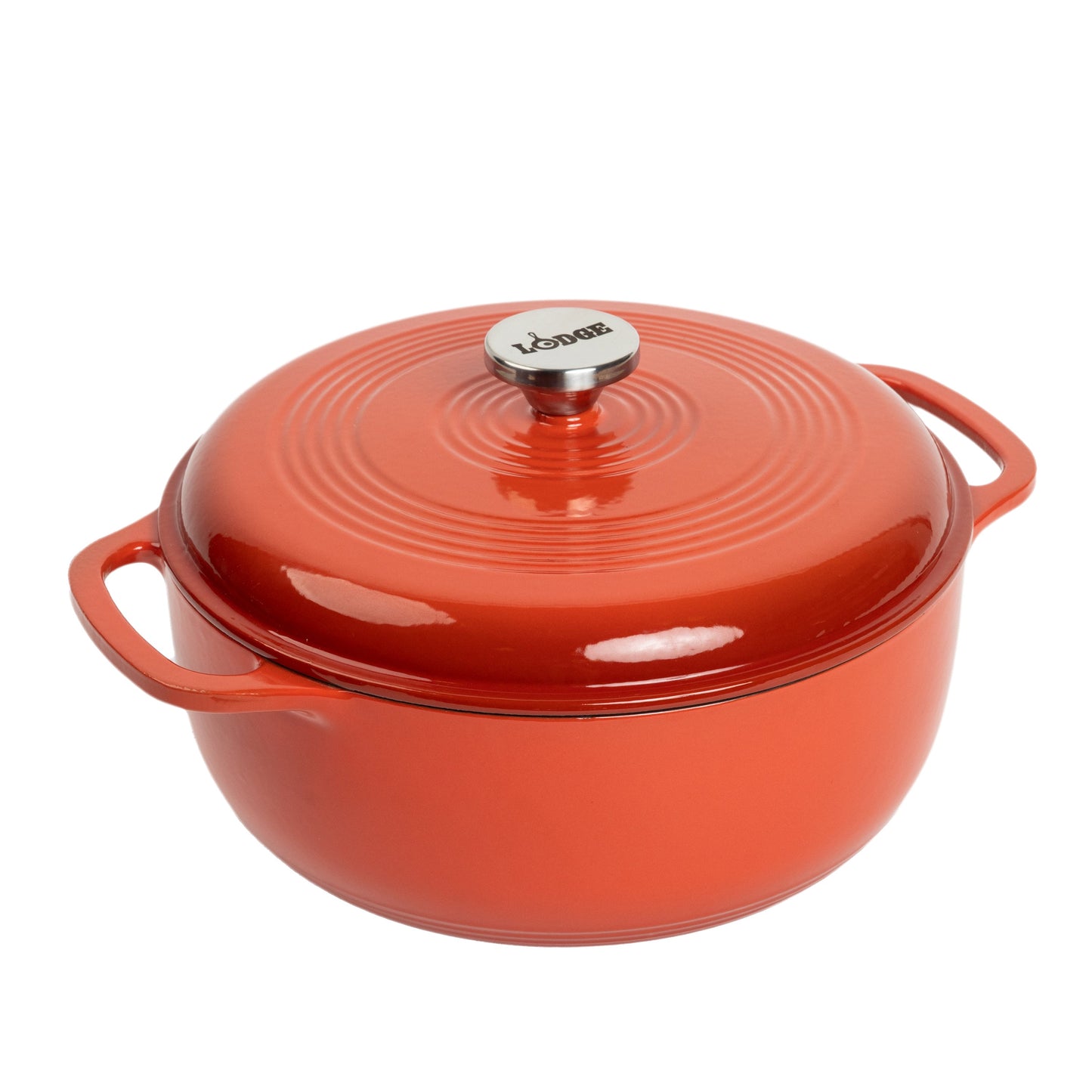 Poppy enameled cast iron Dutch oven with lid on a white background