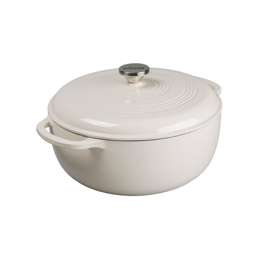 Oyster white enameled cast iron Dutch oven with lid on a white background
