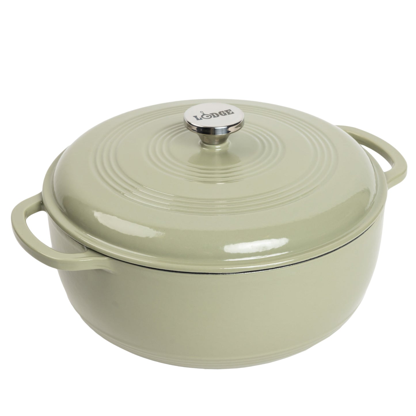Desert Sage enameled cast iron Dutch oven with lid on a white background